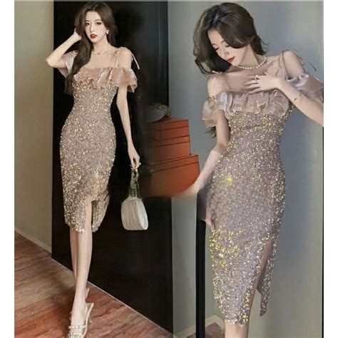 Jual Dress Sequin Gold Sabrina Rose Gold Dress Emas Ruffle Gaun Midi