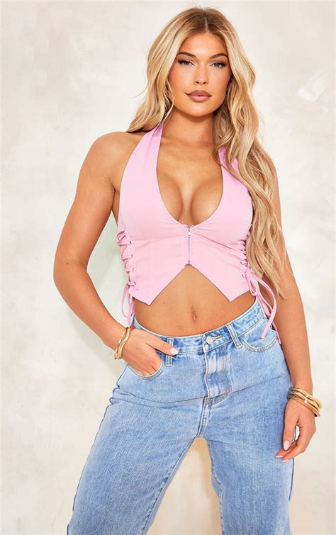 Pink Cargo Lace Up Side Zip Up Crop Top Tops Prettylittlething Usa