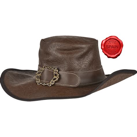 Embossed Leather Wide Brim Hat Brown