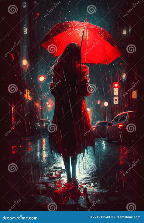 Woman Person In Red The Rain With Umbrella Stock Illustration