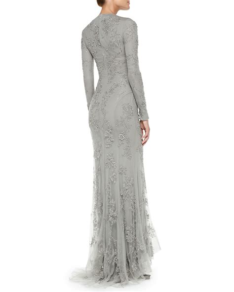 Ralph Lauren Collection Longsleeve Beaded Evening Gown In Gray Grey