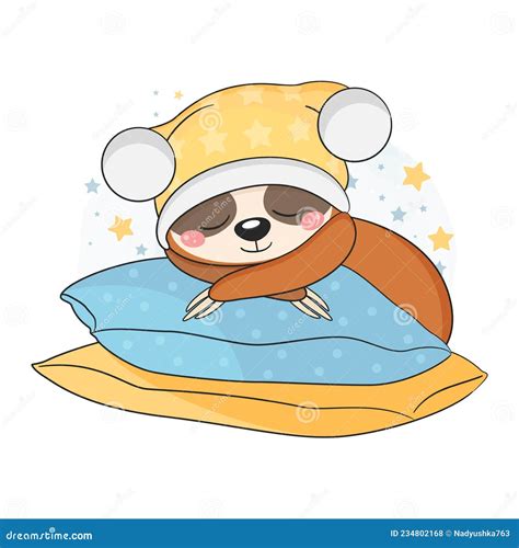 Cute Baby Sloth Sleeping On The Pillows Vector Illustration Stock