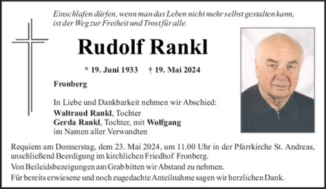 Traueranzeigen Von Rudolf Rankl Mittelbayerische Trauer