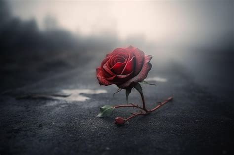 Premium AI Image | A red rose sits on the road in the fog.