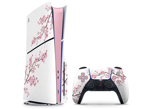 Cherry Blossom White Pink Ps5 Slim Skin Floral Pink Ps5 Console And Controller Wrap Sticker Face