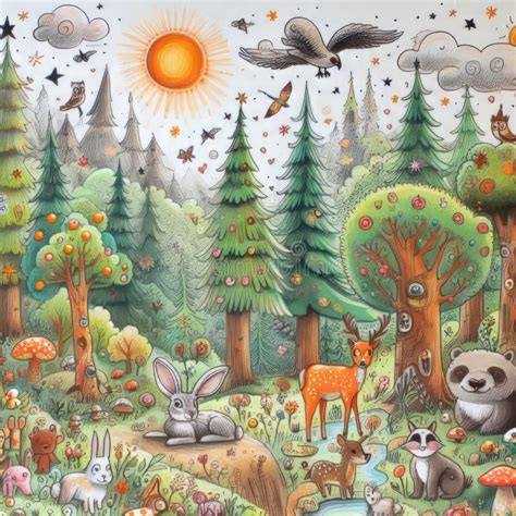 Children S Drawing of a Forest with Oodland Creatures an Stock Image ...