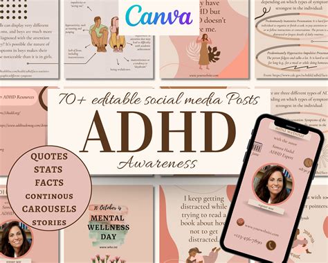 70 ADHD Instagram Posts and Stories for Canva INSTANT DOWNLOAD Quotes, Stats and Fact Done for ...