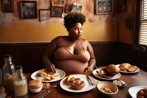 Premium AI Image Dark Skinned Plus Size Girl And A Lot Of Food Neural