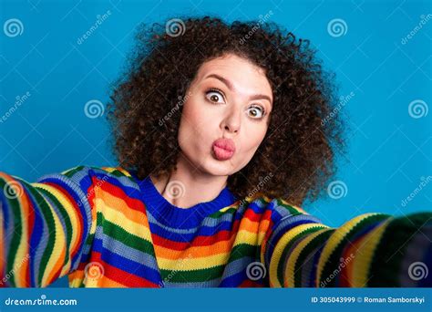 Photo Portrait Of Attractive Young Woman Selfie Photo Pouted Lips Dressed Stylish Rainbow Print