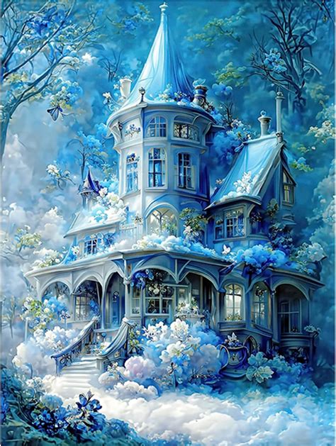 Mxjsua Blue House Diamonds Painting Kits For Adults Castle