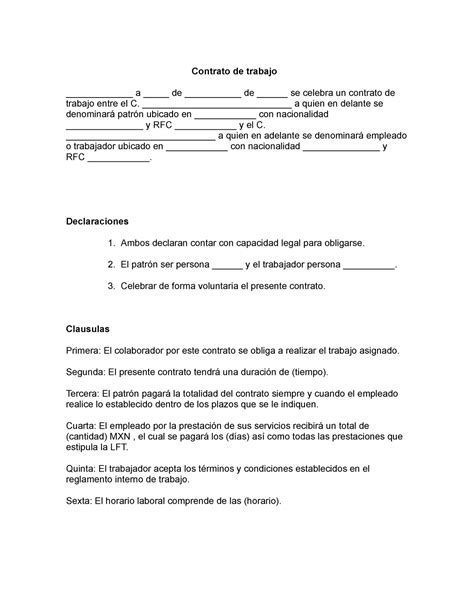 Formato De Contrato De Trabajo Contrato De Trabajo A