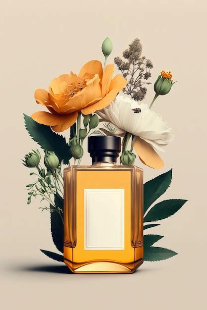 Frasco De Perfume Con Flores Sobre Fondo Amarillo Primer Plano Tapa