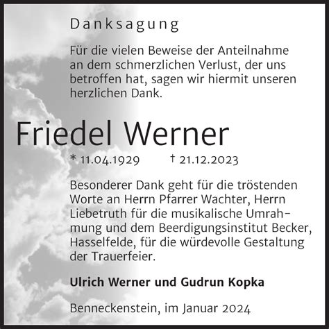 Traueranzeigen Von Friedel Werner Abschied Nehmen De