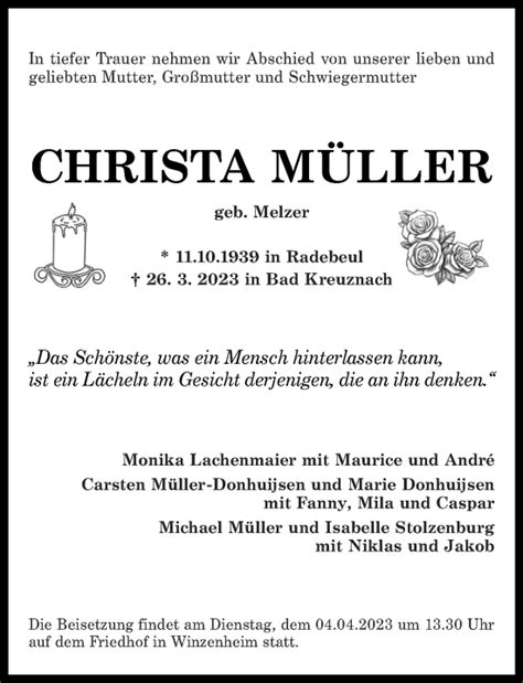 Traueranzeigen von Christa Müller rz trauer de