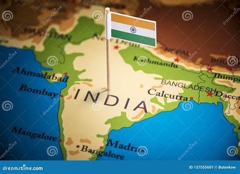 India Marked with a Flag on the Map Stock Image - Image of indian ...