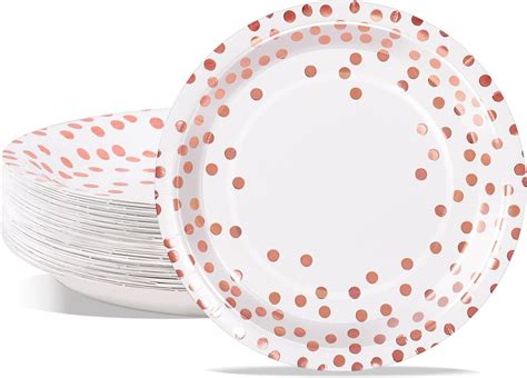 Matican Party Paper Plates Pack Disposable White And Rose Gold