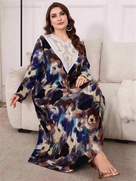 Shein Najma Plus Size Women S Floral Printed Long Sleeve Arabic Dress