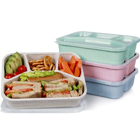 Buy 4 Pack Meal Prep Plastic Microwavable Lunch Containers with 4 Compartments,Tupperware,Bento ...