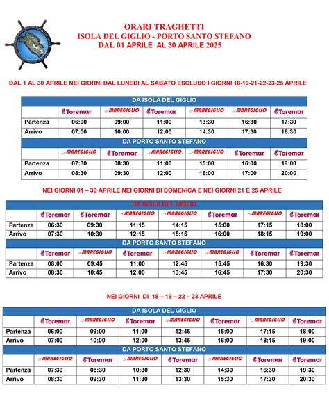 Nuovi orari dei traghetti in vigore dal 1 al 30 aprile 2025.