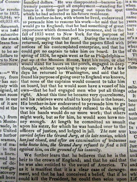 1835 Headline Newspaper Attempted Assassination Of President Andrew Jackson Indc Ebay