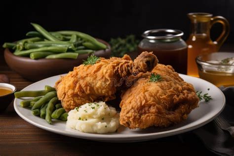 Plate Of Crispy Fried Chicken With Mashed Potatoes Green Beans And Gravy Stock Illustration