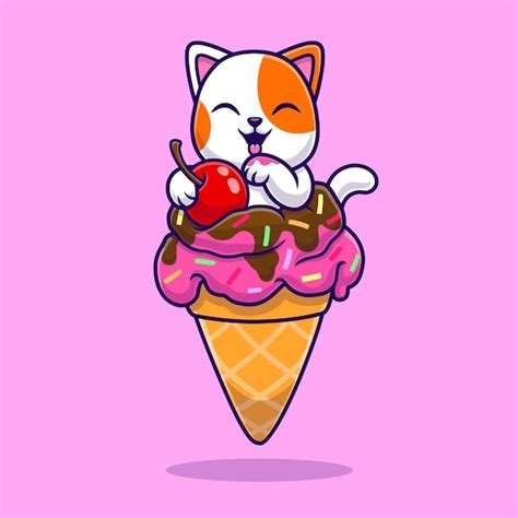 Gato bonito comendo sorvete cone ilustração vetorial dos desenhos