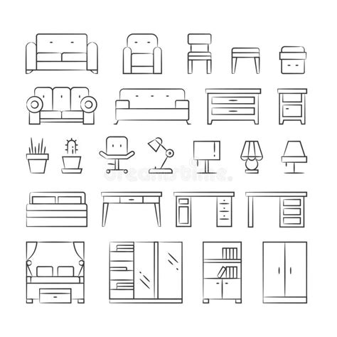 Hand Drawn Living Room Furniture Icons On White Background Stock Vector