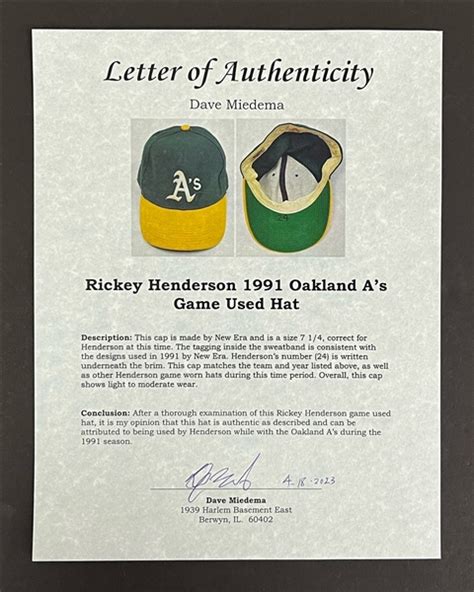 Lot Detail Rickey Henderson Oakland A S Game Used Hat W Dave