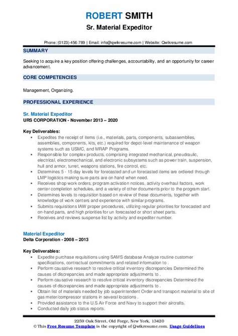 Material Expeditor Resume Samples Qwikresume