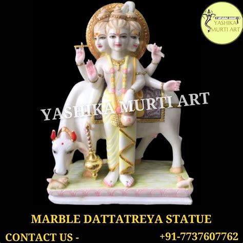 Painted Hindu WHITE MARBLE DATTATREYA STATUE For Worship Size 12