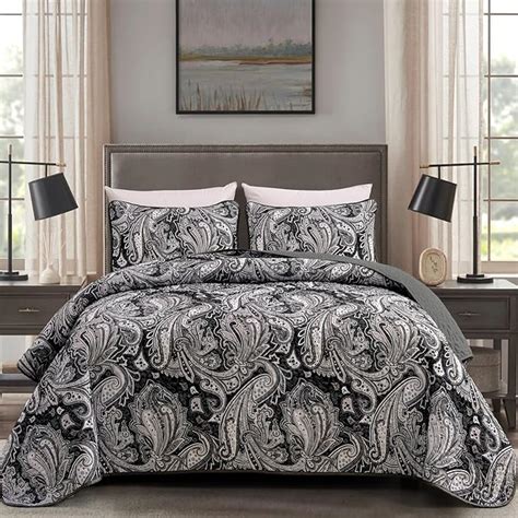 Djy Black Paisley Quilt Set Queen Size Boho Bedspread Coverlet Set