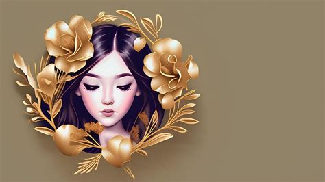 the girl face around of floral art design of golden color 22804474 ...