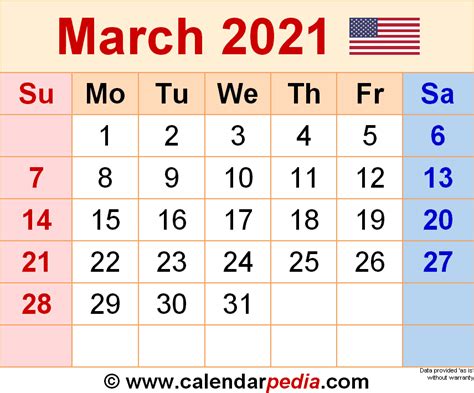 March 2021 - calendar templates for Word, Excel and PDF