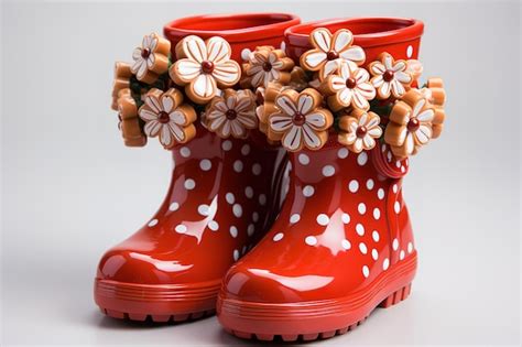 Botas De Lluvia De Goma Rojas Con Estampado De Flores Aisladas En Fondo