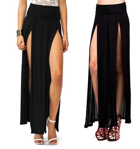 Sexy Women Long Skirts Pleated Open Split Skirt High Waist Solid Color