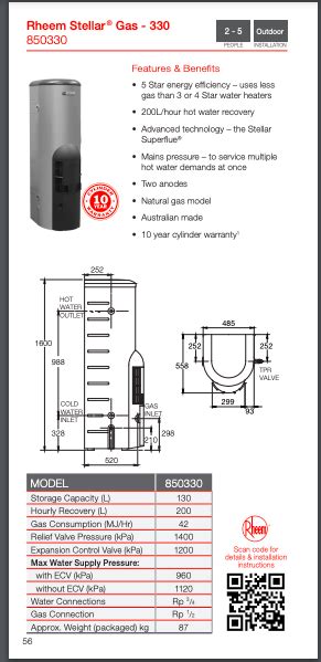 Specification Sheet Rheem Stellar 5 Star 330l Natural Gas Hot Water