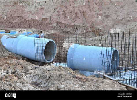 Laying Of Underground Storm Sewer Pipes At Construction Site Installation Of Water Main