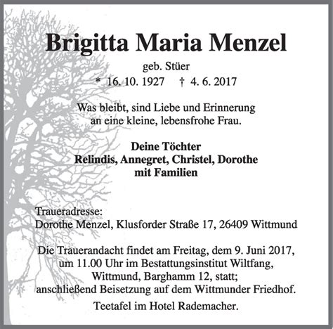 Traueranzeigen Von Brigitta Maria Menzel Nordwest Trauer De