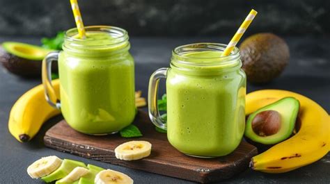 Premium Photo Glass Jar Mugs With Green Health Smoothie Banana