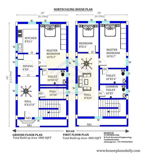 20x40 North Facing House Plan With Vastu House Designs And Plans