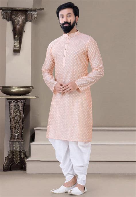 Embroidered Art Silk Dhoti Kurta In Peach Muy