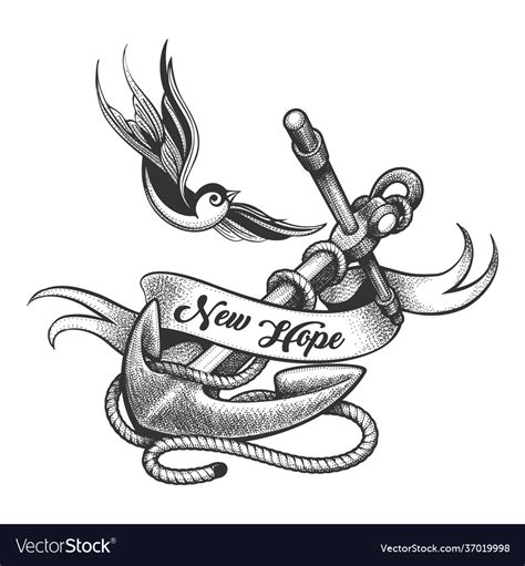 Swallow and ship anchor tattoo in engraving style Vector Image