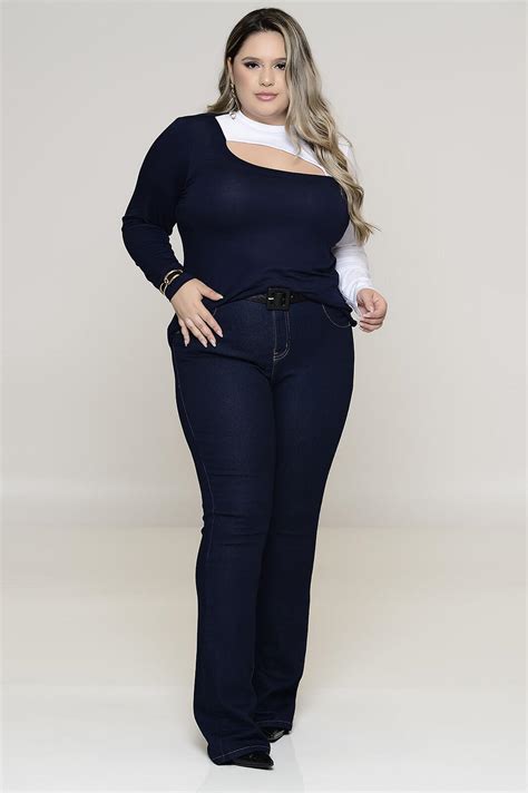 Blusa Plus Size Bicolor Manga Longa Azul E Branca Vk Moda Plus Size