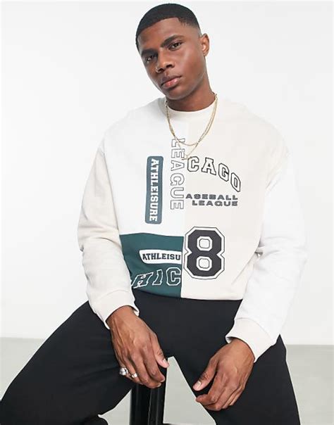 Asos Design Oversized Sweatshirt In Colourblock With Varsity Print Asos