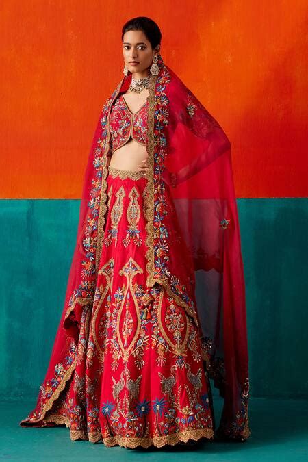 Buy Red Dupion Silk Embroidery Sequin V Neck Floral Thread Lehenga Set