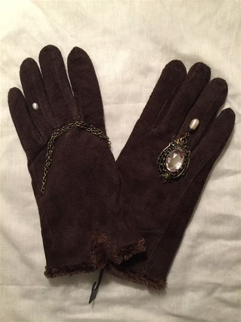 Brown Suede Winter Gloves With Antique Brooch - Etsy