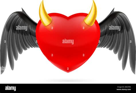 Illustration Of Red Devil Hearts With Black Wings And Golden Horns