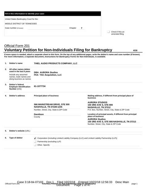 PDF Official Form 201 Voluntary Petition For Non Individuals