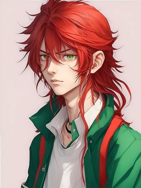 Premium AI Image | An ban anime boy with red long hair