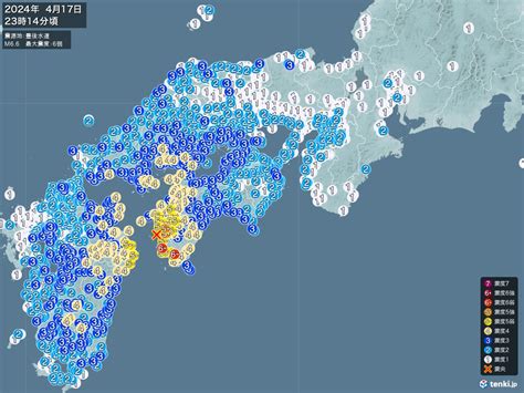 地震情報 2024年04月17日 23時14分頃発生 最大震度：6弱 震源地：豊後水道拡大画像 日本気象協会 Tenkijp